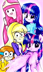 Size: 1792x2944 | Tagged: safe, artist:liaaqila, twilight sparkle, alicorn, human, pony, equestria girls, g4, adventure time, crossover, cute, dendy, eye clipping through hair, gravity falls, humanized, male, ok ko let's be heroes, open mouth, pacifica northwest, princess bubblegum, traditional art, twiabetes, twilight sparkle (alicorn)