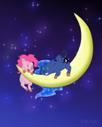 Size: 800x1000 | Tagged: safe, artist:empyu, pinkie pie, princess luna, pig, g4, cloven hooves, crescent moon, cute, diapinkes, duo, female, lunabetes, moon, night, piggie pie, pigified, princess moonpig, sky, smiling, species swap, stars, tangible heavenly object, transparent moon