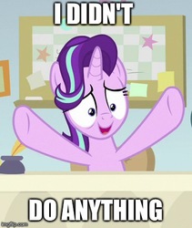 Size: 371x439 | Tagged: safe, edit, edited screencap, screencap, starlight glimmer, pony, g4, marks for effort, caption, i have done nothing productive all day, image macro, meme, raised hoof, smiling, text