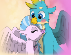 Size: 11328x8750 | Tagged: safe, artist:faitheverlasting, gallus, silverstream, g4, abstract background, absurd resolution, blushing, female, male, nuzzling, ship:gallstream, shipping, straight