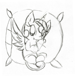 Size: 1480x1505 | Tagged: safe, artist:princessmuffinart, princess flurry heart, alicorn, pony, g4, baby, baby pony, cute, female, flurrybetes, lineart, pillow, solo, tongue out, traditional art