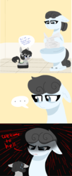 Size: 1776x4343 | Tagged: safe, artist:nootaz, oc, oc only, oc:kohlette, oc:roomby, object pony, original species, roomba pony, toilet pony, but why, dialogue, floppy ears, newspaper, ponified, roomba, toilet