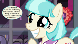 Size: 1280x720 | Tagged: safe, edit, edited screencap, editor:korora, screencap, coco pommel, pony, g4, made in manehattan, ben jonson, bow, bronybait, cocobetes, cute, dialogue, every man in his humour, hair bow, speech bubble