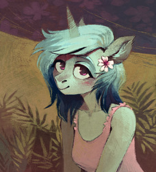 Size: 1368x1500 | Tagged: safe, artist:dearmary, oc, oc only, unicorn, anthro, anthro oc, blushing, bust, clothes, female, flower, flower in hair, looking at you, mare, plants, solo, unicorn oc
