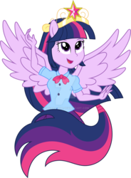 Size: 1024x1395 | Tagged: safe, artist:sugar-loop, twilight sparkle, alicorn, equestria girls, g4, big crown thingy, clothes, element of magic, female, jewelry, obtrusive watermark, ponied up, regalia, simple background, smiling, solo, transparent background, twilight sparkle (alicorn), watermark
