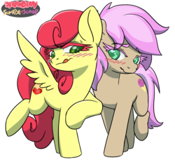 Size: 1569x1434 | Tagged: safe, artist:lockhe4rt, strawberry scoop, strawberry sunrise, earth pony, pegasus, pony, g4, blushing, colored eyebrows, colored eyelashes, colored pupils, duo, duo female, female, friendship student, licking, licking lips, looking at each other, mare, raised hoof, raised leg, simple background, smiling, spread wings, sweat, tongue out, transparent background, wavy mouth, wings