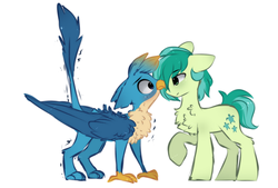 Size: 1399x948 | Tagged: dead source, safe, artist:php146, gallus, sandbar, earth pony, griffon, pony, g4, blushing, chest fluff, gay, looking at each other, male, ship:gallbar, shipping, simple background, smiling, tail, tailboner, white background