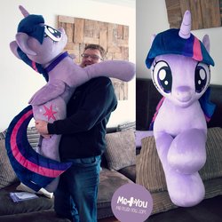 Size: 1600x1600 | Tagged: safe, artist:meplushyou, twilight sparkle, alicorn, human, pony, g4, c:, collar, couch, crossed arms, cute, female, holding a pony, irl, irl human, looking at you, lying down, mare, photo, plushie, prone, size difference, smiling, twilight sparkle (alicorn)