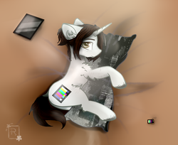 Size: 2493x2035 | Tagged: safe, artist:php145, oc, oc only, oc:dead, pony, unicorn, bed, body pillow, gadget, high res, male, pillow, solo, ych result