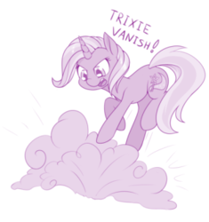 Size: 311x331 | Tagged: safe, artist:dstears, trixie, pony, unicorn, g4, cropped, female, mare, simple background, smoke bomb, solo, text, white background