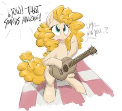 Size: 1200x1095 | Tagged: safe, artist:flutterthrash, pear butter, earth pony, pony, g4, acoustic guitar, cute, dialogue, female, guitar, mare, musical instrument, offscreen character, pearabetes, picnic blanket, simple background, solo, white background