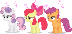 Size: 9288x4334 | Tagged: safe, artist:tomfraggle, apple bloom, scootaloo, sweetie belle, earth pony, pony, g4, absurd resolution, adorabloom, cute, cutealoo, cutie mark crusaders, diasweetes, female, filly, heart, in love, simple background, transparent background