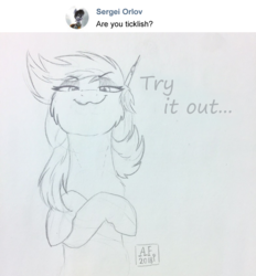Size: 786x847 | Tagged: safe, artist:airfly-pony, oc, oc only, oc:nastich karandasheva, pony, unicorn, rcf community, ask, crossed hooves, female, imminent tickles, lineart, pencil, pencil drawing, sketch, smiling, smug, solo, tickling, traditional art, tumblr
