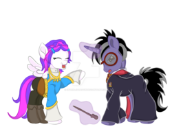 Size: 1024x768 | Tagged: safe, artist:sparkleshadow, oc, pegasus, pony, unicorn, clothes, cosplay, costume, duo, female, gryffindor, harry potter, harry potter (series), laughing, male, ponysona, the legend of zelda, the legend of zelda: breath of the wild, wand, watermark