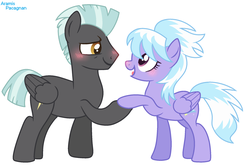 Size: 2044x1352 | Tagged: safe, artist:onedayhm, cloudchaser, thunderlane, pegasus, pony, g4, backwards cutie mark, blushing, butt wings, female, holding hooves, looking at each other, looking at someone, male, mare, open mouth, ship:thunderchaser, shipping, smiling, stallion, straight, wings
