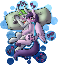 Size: 2446x2771 | Tagged: safe, artist:lycantrin, oc, oc only, oc:giddy gamer, oc:howling moon, alicorn, pony, unicorn, blushing, clothes, cuddling, duo, gift art, heart, high res, pillow, scarf, snuggling