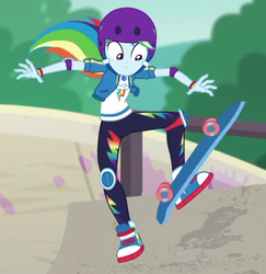 Size: 596x614 | Tagged: safe, screencap, rainbow dash, equestria girls, g4, my little pony equestria girls: better together, sic skateboard, cropped, female, geode of super speed, helmet, knee pads, magical geodes, skate park, skateboard, skateboarding