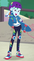 Size: 429x770 | Tagged: safe, screencap, rainbow dash, equestria girls, equestria girls series, g4, sic skateboard, spoiler:eqg series (season 2), breaking the fourth wall, clothes, cropped, cutie mark on clothes, elbow pads, female, geode of super speed, helmet, hoodie, jewelry, knee pads, magical geodes, necklace, pants, shirt, shoes, skateboard, sneakers, solo, sweatpants