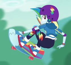 Size: 491x448 | Tagged: safe, screencap, rainbow dash, equestria girls, g4, my little pony equestria girls: better together, sic skateboard, ass, beautiful, big air, butt, cropped, elbow pads, fanservice, female, helmet, knee pads, rainbutt dash, skateboard, solo, tomboy