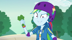 Size: 1920x1080 | Tagged: safe, screencap, rainbow dash, equestria girls, g4, my little pony equestria girls: better together, sic skateboard, female, food, geode of super speed, grin, lettuce, magical geodes, smiling, solo