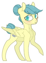 Size: 942x1280 | Tagged: safe, artist:jellybeanbullet, oc, oc only, oc:venti via, pegasus, pony, beanbrows, blushing, cutie mark, eyebrows, eyebrows visible through hair, hair bun, raised hoof, simple background, smiling, solo, white background, wings