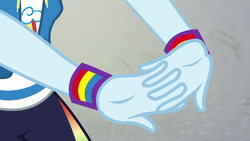Size: 1920x1080 | Tagged: safe, screencap, rainbow dash, equestria girls, g4, my little pony equestria girls: better together, sic skateboard, clothes, cracking knuckles, female, hoodie, pants, shirt, stretching, sweatpants, wristband