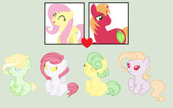 Size: 1024x643 | Tagged: safe, artist:mlp-snowy, big macintosh, fluttershy, oc, earth pony, pegasus, pony, g4, adoptable, adopted, baby, baby pony, base used, closed, female, green background, heart, male, offspring, parent:big macintosh, parent:fluttershy, parents:fluttermac, ship:fluttermac, shipping, simple background, straight