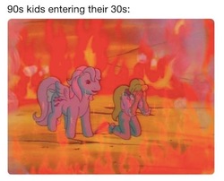 Size: 607x491 | Tagged: safe, edit, edited screencap, screencap, megan williams, wind whistler, human, pegasus, pony, g1, my little pony 'n friends, the magic coins, caption, double facepalm, facepalm, female, fire, image macro, kneeling, mare, megan's fire, meme, open mouth, smiling, spread wings, text, welcome to hell, wings