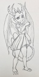 Size: 648x1280 | Tagged: safe, artist:kelpiemoonknives, smolder, dragon, anthro, g4, clothes, cute, dragoness, dress, female, grayscale, looking at you, monochrome, pencil drawing, sketch, smolderbetes, solo, traditional art
