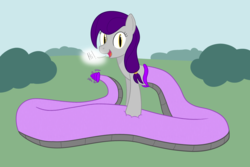 Size: 1800x1200 | Tagged: safe, artist:mightyshockwave, oc, oc only, oc:mabel, lamia, original species, snake, snake pony, looking at you, rattle, slit pupils, solo, tail wag