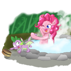 Size: 4500x4500 | Tagged: safe, artist:yinglung, pinkie pie, spike, dragon, earth pony, pig, pony, g4, absurd resolution, female, male, mare, one eye closed, onsen, open mouth, pig nose, piggie pie, ship:pinkiespike, shipping, simple background, straight, tail, tail hold, tail pull, transparent background, water, winged spike, wings