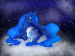 Size: 2777x2093 | Tagged: safe, artist:nutmeg04, princess luna, oc, oc:snowdrop, alicorn, pegasus, pony, g4, cloud, duo, ethereal mane, female, filly, high res, looking at each other, mare, missing accessory, open mouth, redraw, smiling, starry mane, starry night, stars