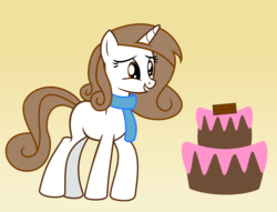 Size: 11788x8993 | Tagged: safe, artist:redfire-pony, oc, oc only, oc:vanilla cocoa, pony, unicorn, absurd resolution, cake, clothes, female, food, mare, scarf, simple background, solo, yellow background