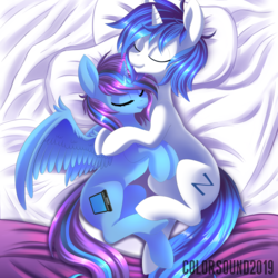 Size: 3308x3308 | Tagged: safe, artist:ask-colorsound, oc, oc only, alicorn, pony, unicorn, duo, eyes closed, female, high res, male, mare, stallion, straight, ych result