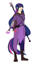 Size: 1280x2304 | Tagged: safe, artist:floverale-hellewen, twilight sparkle, human, g4, boots, cape, clothes, cutie mark, female, humanized, mage, magic, ring, shoes, simple background, solo, staff, tail, white background
