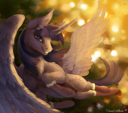 Size: 5200x4600 | Tagged: safe, artist:floverale-hellewen, twilight sparkle, alicorn, pony, g4, abstract background, absurd resolution, christmas, christmas stocking, clothes, curved horn, cutie mark, female, holiday, horn, lying down, smiling, socks, solo, spread wings, twilight sparkle (alicorn), wings