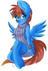 Size: 713x1063 | Tagged: safe, artist:blazemizu, oc, oc only, oc:blaze mizu, pegasus, anthro, anatomically incorrect, backless, blushing, clothes, cute, female, incorrect leg anatomy, looking at you, open mouth, open-back sweater, simple background, sleeveless sweater, solo, sweater, transparent background, virgin killer sweater, wristband
