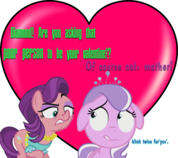 Size: 999x890 | Tagged: safe, diamond tiara, spoiled rich, pony, crusaders of the lost mark, g4, classism, female, floppy ears, heart, holiday, lasty's hearts, mother and daughter, simple background, talking to viewer, transparent background, valentine, valentine's day, whispering