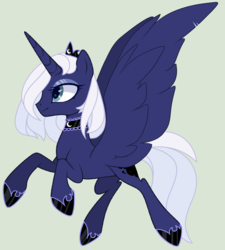 Size: 2156x2396 | Tagged: safe, artist:nocturnal-moonlight, princess luna, alicorn, pony, g4, alternate design, choker, crown, female, high res, hoof shoes, jewelry, mare, princess shoes, regalia, simple background, solo, spread wings, tiara, white-haired luna, wings