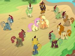 Size: 1345x1010 | Tagged: safe, screencap, applejack, autumn afternoon, cinder glow, fern flare, fluttershy, forest fall, maple brown, pumpkin smoke, sparkling brook, spring glow, summer flare, winter flame, earth pony, kirin, pegasus, pony, g4, sounds of silence, background kirin, cropped, female, male, mare