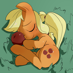 Size: 1500x1500 | Tagged: safe, artist:baigak, applejack, earth pony, pony, g4, apple, eyes closed, female, food, freckles, grass, sleeping, solo, that pony sure does love apples