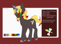 Size: 1261x913 | Tagged: safe, artist:gr0ttie, oc, oc only, oc:victory blood, pony, unicorn, magical gay spawn, male, offspring, parent:king sombra, parent:prince blueblood, reference sheet, solo, stallion