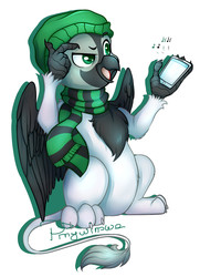 Size: 1902x2631 | Tagged: safe, artist:pingwinowa, oc, griffon, beanie, cellphone, clothes, commission, digital art, griffon oc, hat, music, music notes, phone, scarf
