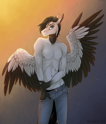 Size: 1100x1280 | Tagged: safe, artist:dementra369, oc, oc only, oc:spectrum storm, anthro, anthro oc, clothes, jeans, male, pants, partial nudity, skinny, solo, spread wings, stallion, thin, topless, wings