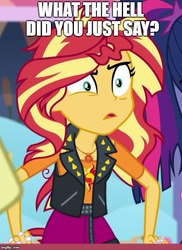 Size: 500x687 | Tagged: safe, edit, edited screencap, screencap, sci-twi, sunset shimmer, twilight sparkle, equestria girls, equestria girls specials, g4, my little pony equestria girls: better together, my little pony equestria girls: rollercoaster of friendship, cropped, geode of empathy, imgflip, magical geodes, meme, messy hair, solo focus
