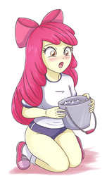 Size: 1661x2733 | Tagged: safe, artist:sumin6301, apple bloom, equestria girls, g4, blushing, bow, breasts, bucket, buruma, busty apple bloom, clothes, converse, female, hair bow, ice, ice bucket challenge, open mouth, shirt, shoes, shorts, simple background, socks, solo, sports panties, stupid sexy apple bloom, white background, workout outfit