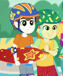 Size: 575x690 | Tagged: safe, screencap, gallop j. fry, super funk, human, equestria girls, g4, my little pony equestria girls: better together, sic skateboard, background human, clothes, cropped, helmet, male, pants, shorts, skateboard, smiling