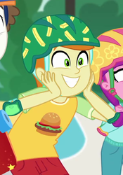 Size: 611x875 | Tagged: safe, screencap, gallop j. fry, lily longsocks, super funk, human, equestria girls, g4, my little pony equestria girls: better together, sic skateboard, background human, excited, helmet, male, offscreen character, smiling
