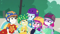 Size: 1920x1080 | Tagged: safe, screencap, gallop j. fry, lily longsocks, little red, rainbow dash, super funk, equestria girls, g4, my little pony equestria girls: better together, sic skateboard, background human, child, children, clothes, cute, female, geode of super speed, helmet, magical geodes, male, skateboard