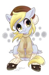 Size: 1352x2048 | Tagged: safe, artist:bbtasu, derpy hooves, pegasus, pony, g4, clothes, cute, derpabetes, female, hat, mare, shoes, smiling, socks, solo, sweater